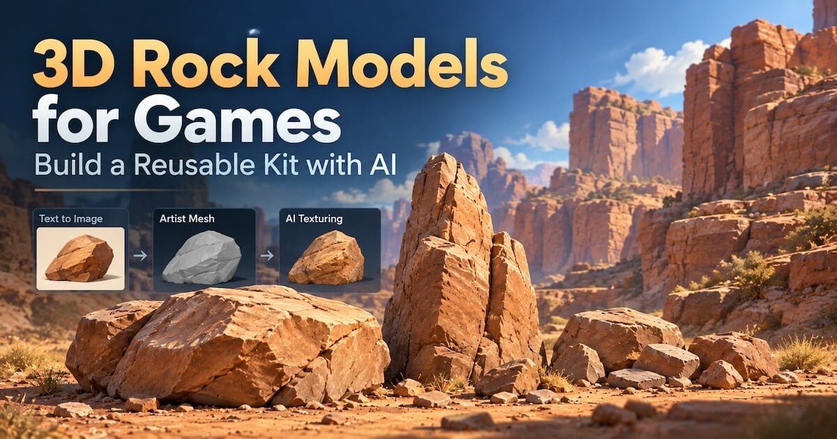 Stylized sandstone canyon with reusable 3D rock models, showing a Text to Image, Artist Mesh, and AI Texturing workflow for game environments.