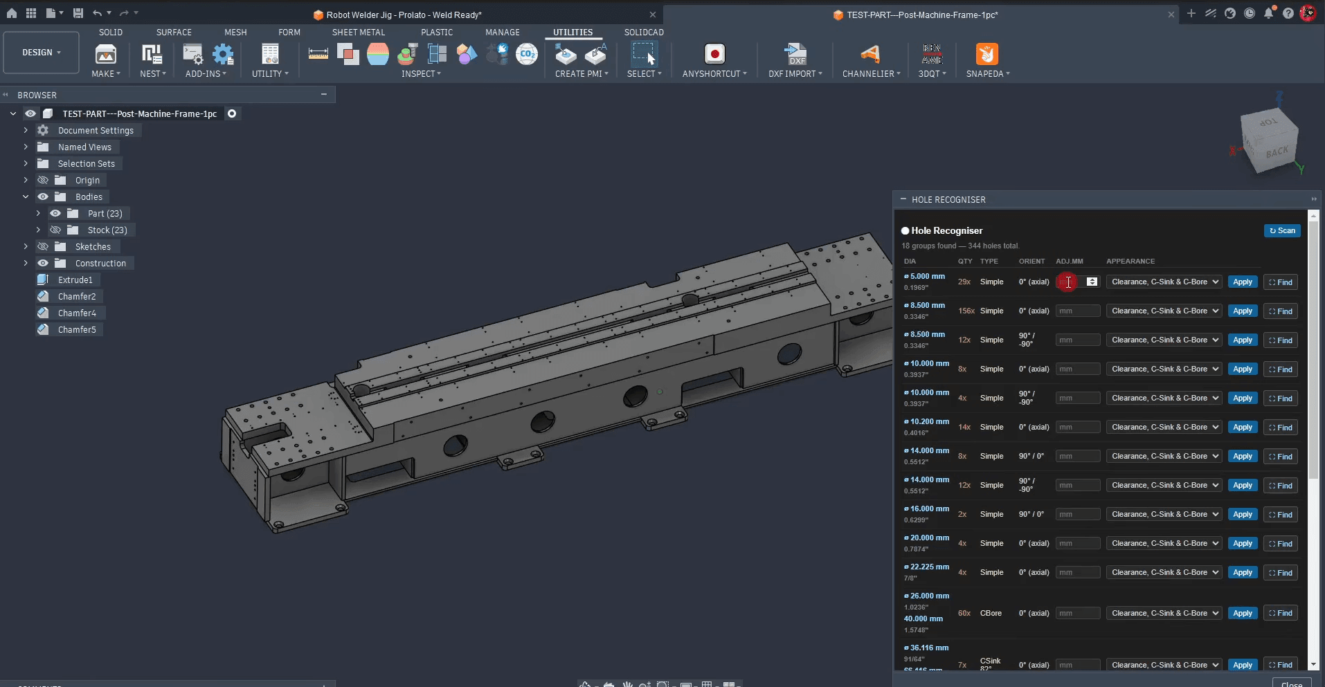 Autodesk Fusion interface showing a detailed mechanical frame model with the Hole Recognizer tool identifying multiple hole sizes and types.