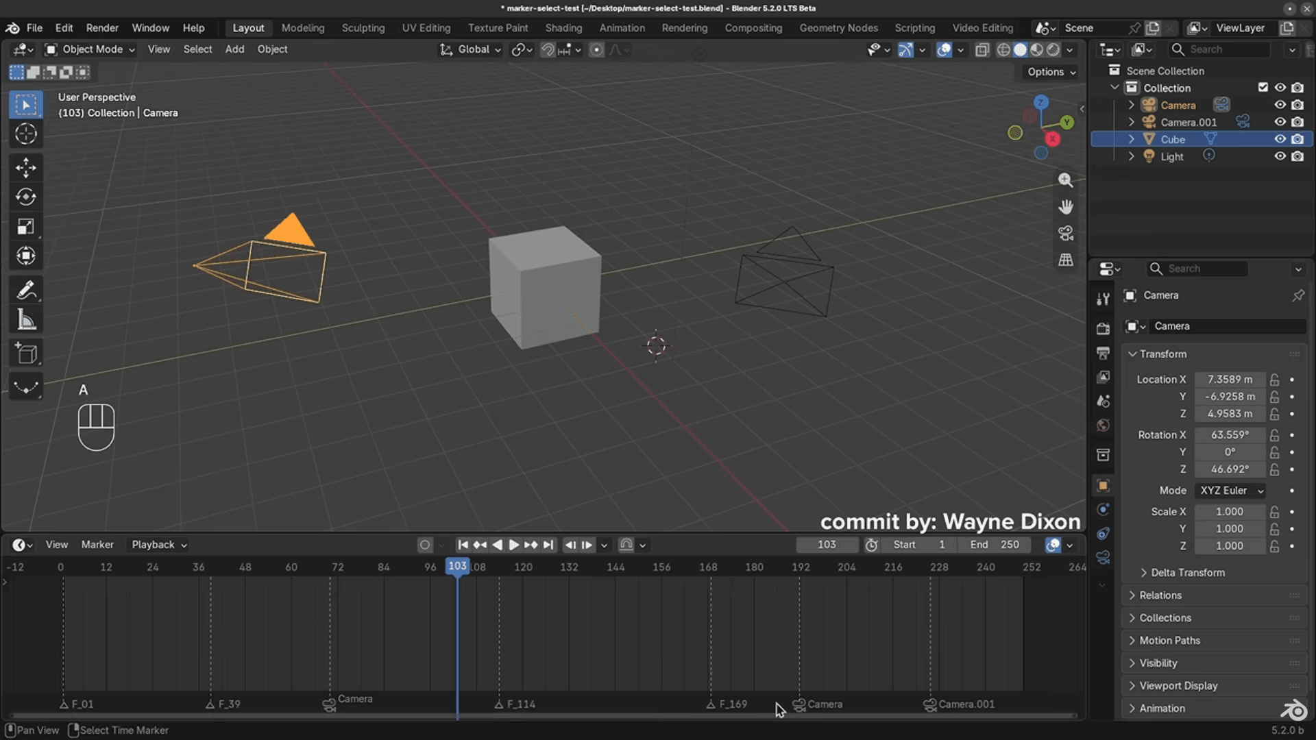 Blender interface showing a basic 3D scene with a cube, two cameras, lights, and timeline markers.