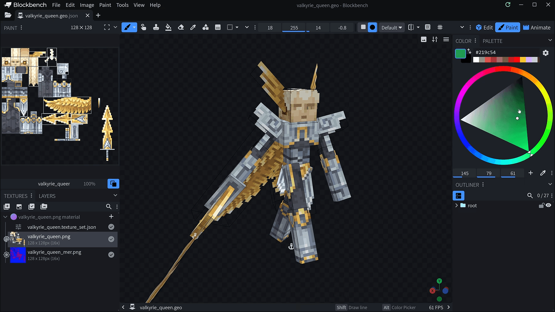 Blockbench Paint workspace showing a low-poly armored character with pixel textures, UV mapping, and color editing tools.