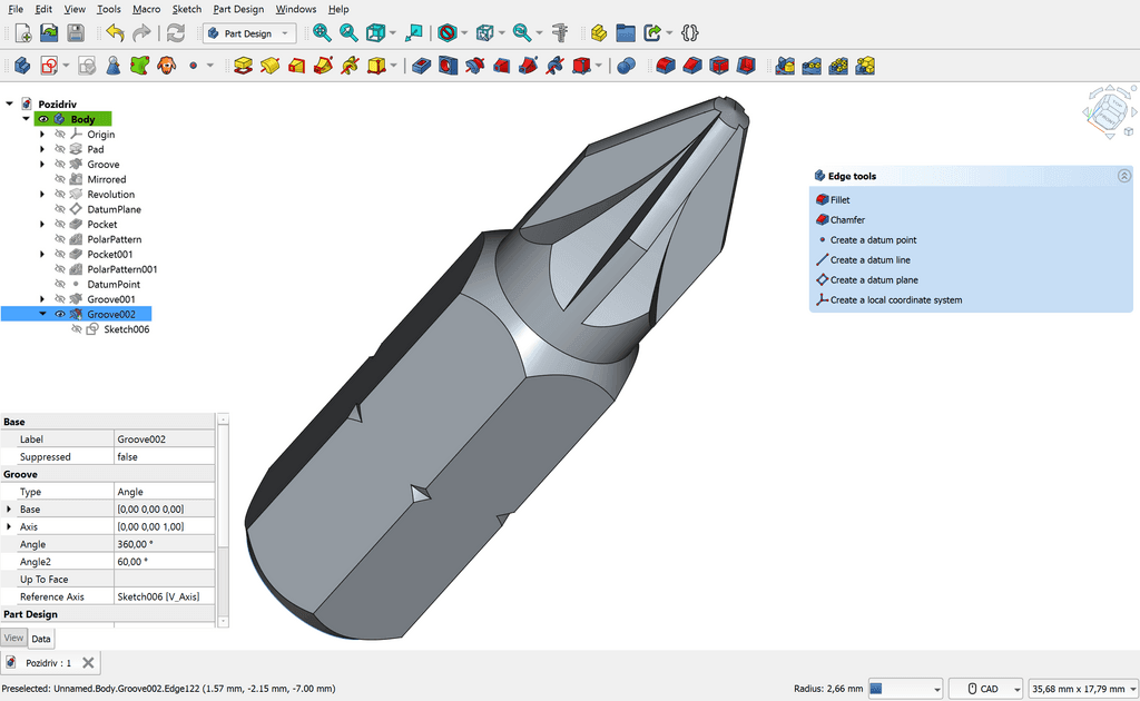 FreeCAD Part Design workspace showing a detailed mechanical bit model with grooves and edge-editing tools.