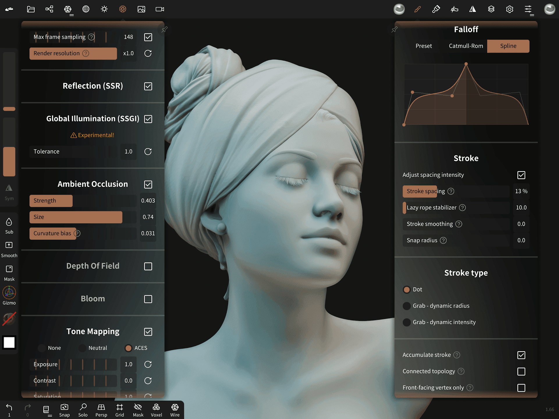 Nomad Sculpt interface showing a detailed female character sculpt with brush, falloff, and rendering settings