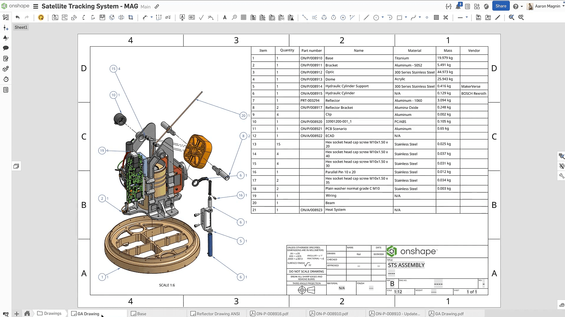 Onshape drawing workspace showing an exploded assembly view of a satellite tracking system with numbered parts and a bill of materials.