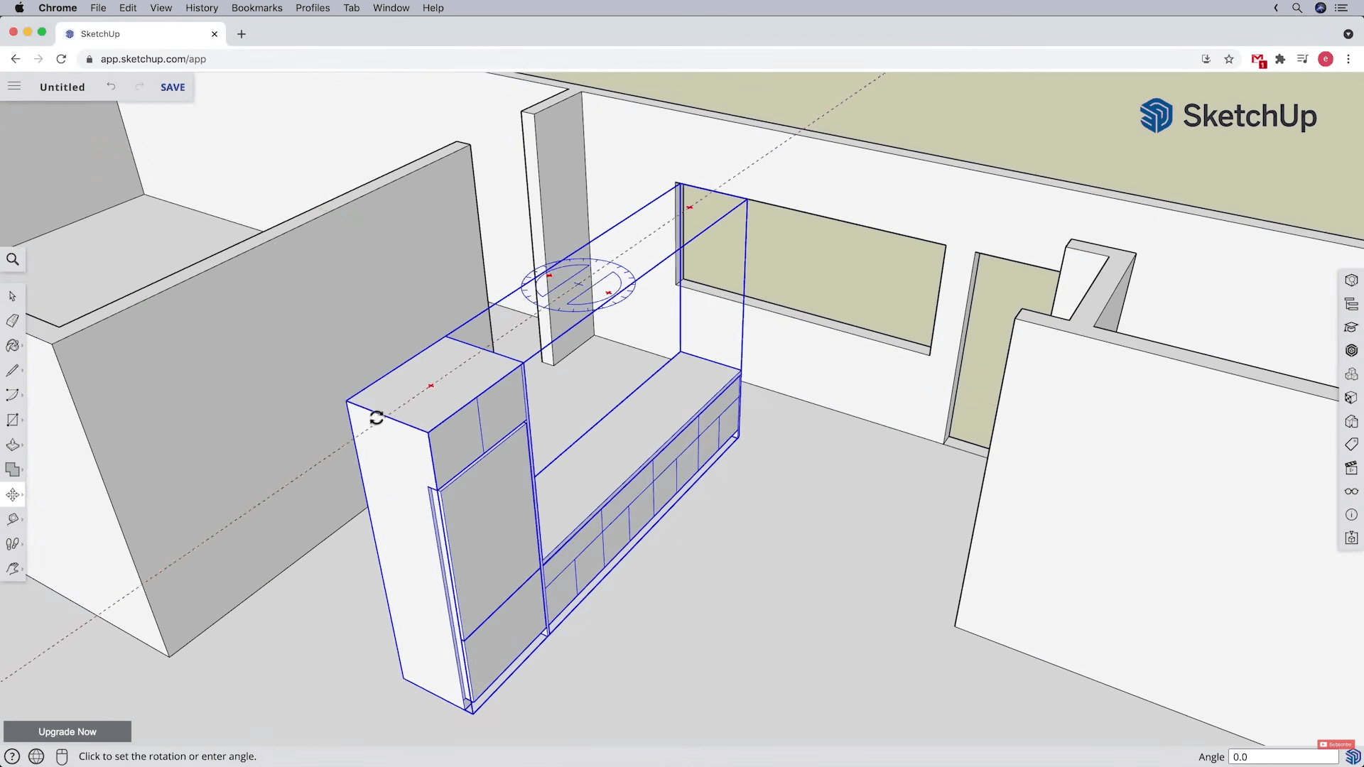 SketchUp Free interface showing an interior 3D model with walls, window openings, and a selected cabinet-like object being edited.