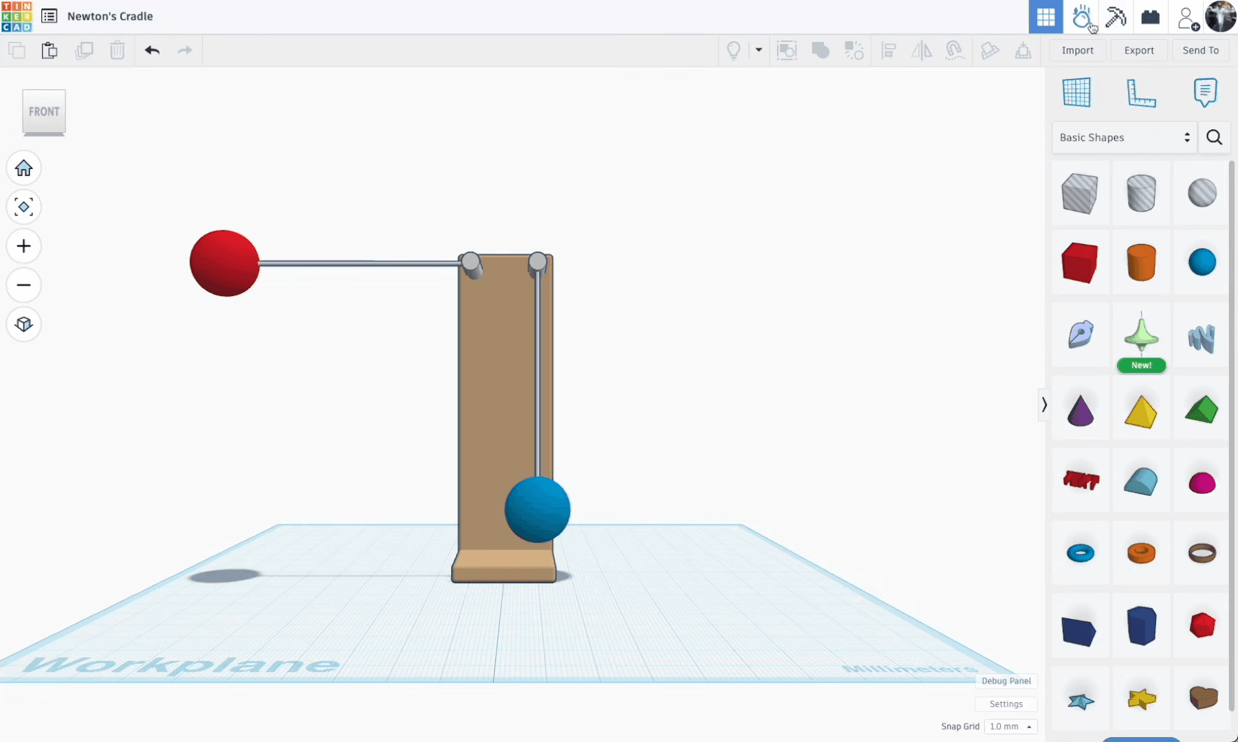 Tinkercad workspace showing a simple Newton’s cradle model built from basic 3D shapes.