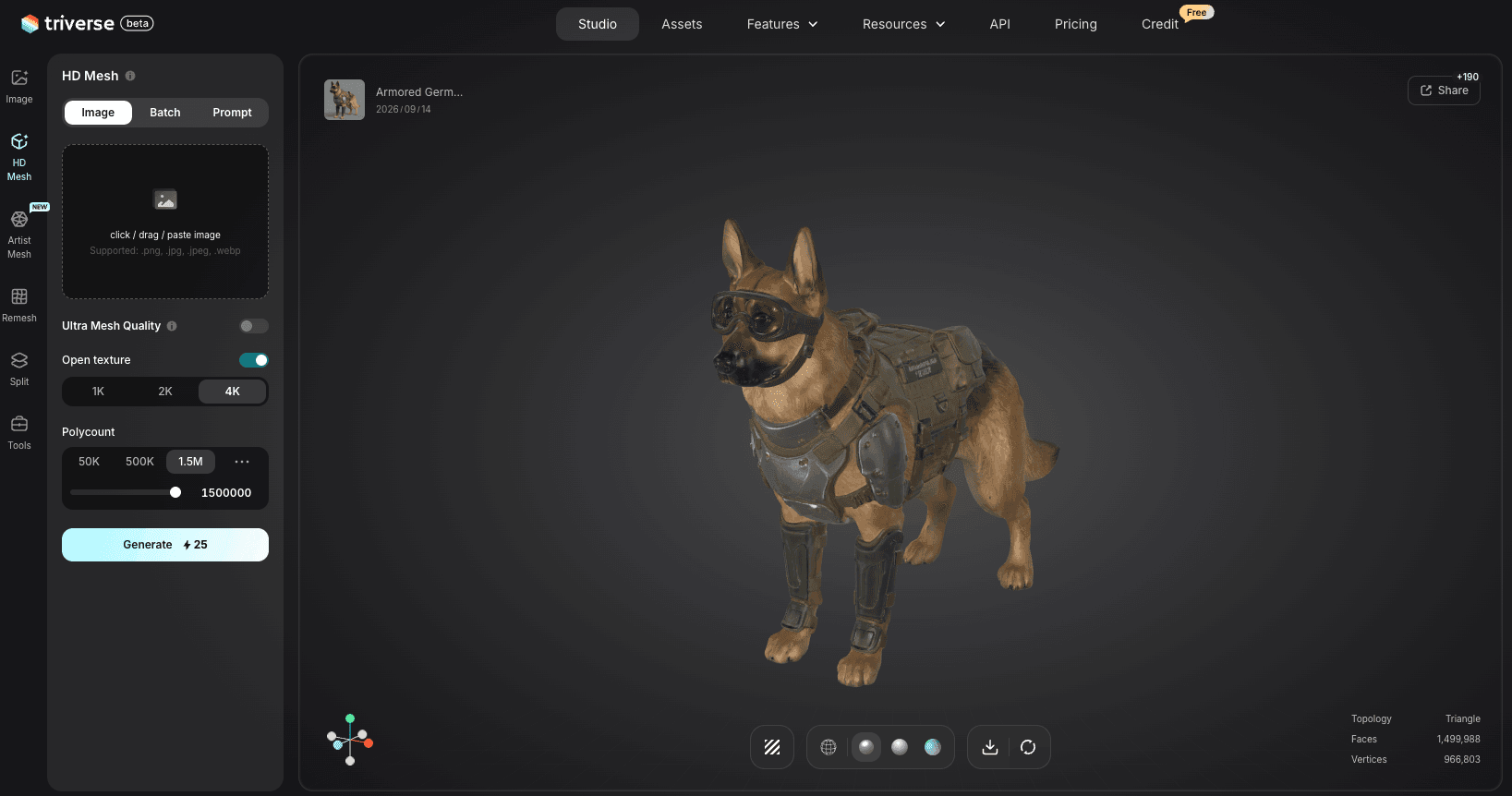 Triverse AI image-to-3D interface showing a detailed HD Mesh model of an armored German Shepherd.
