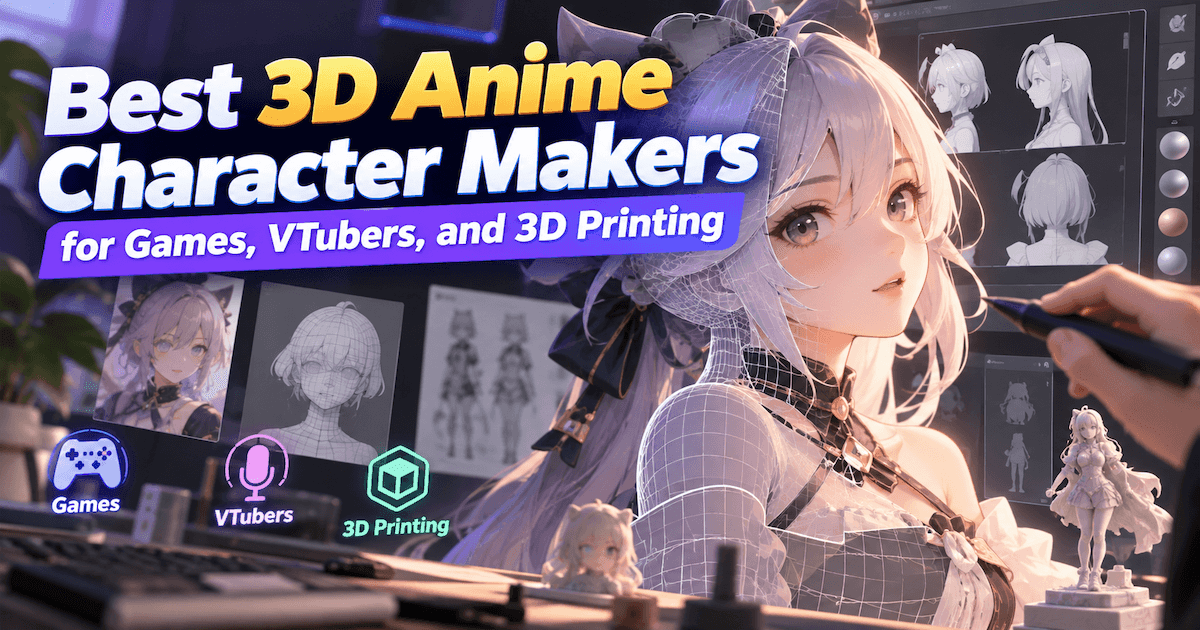 3D anime character in progress with wireframe overlays, modeling references, and sculpting tools, illustrating character creation for games, VTubers, and 3D printing.