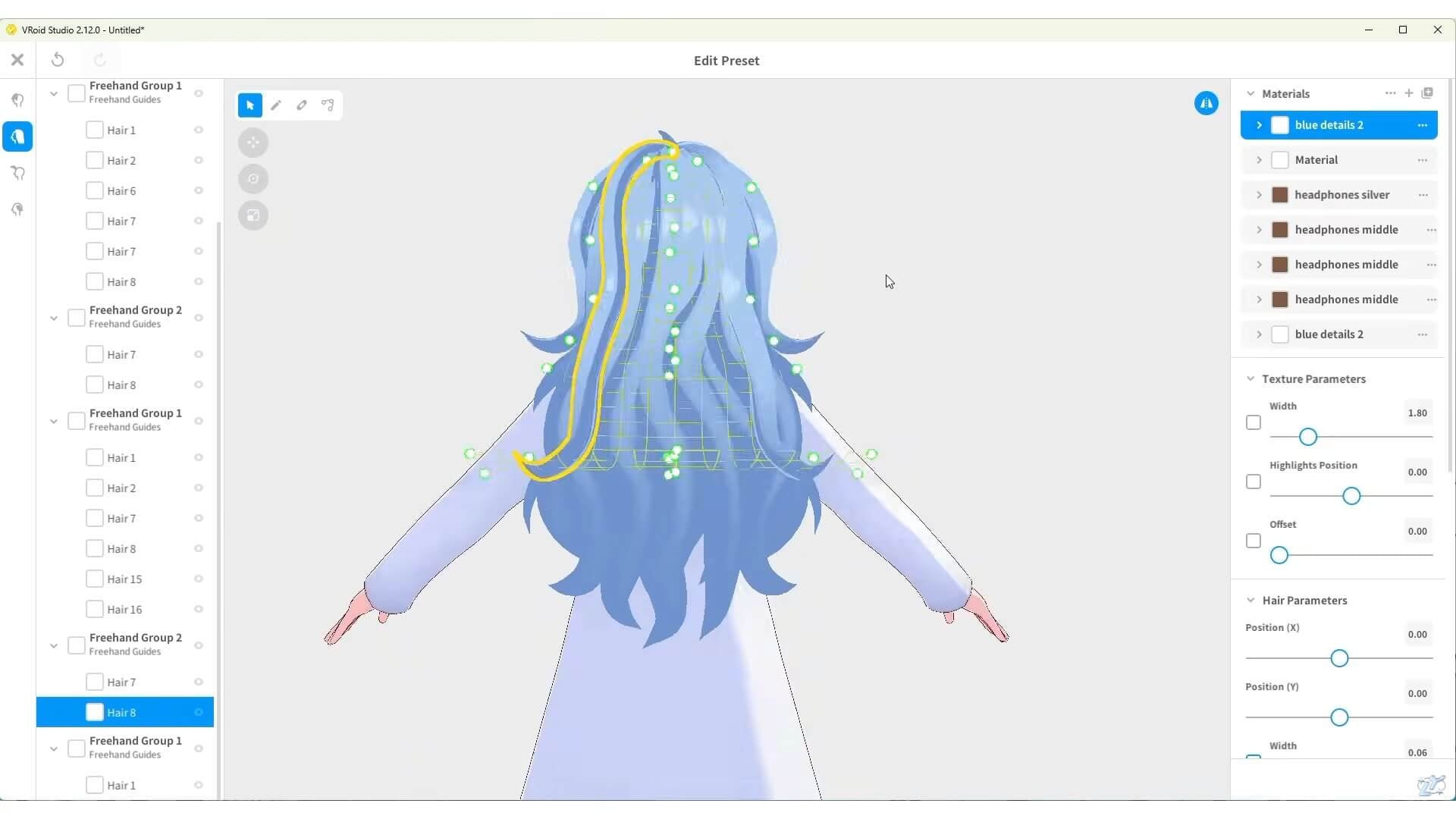 VRoid Studio hair editing interface showing the back of a blue-haired anime character with editable hair strands, guide points, and material settings.