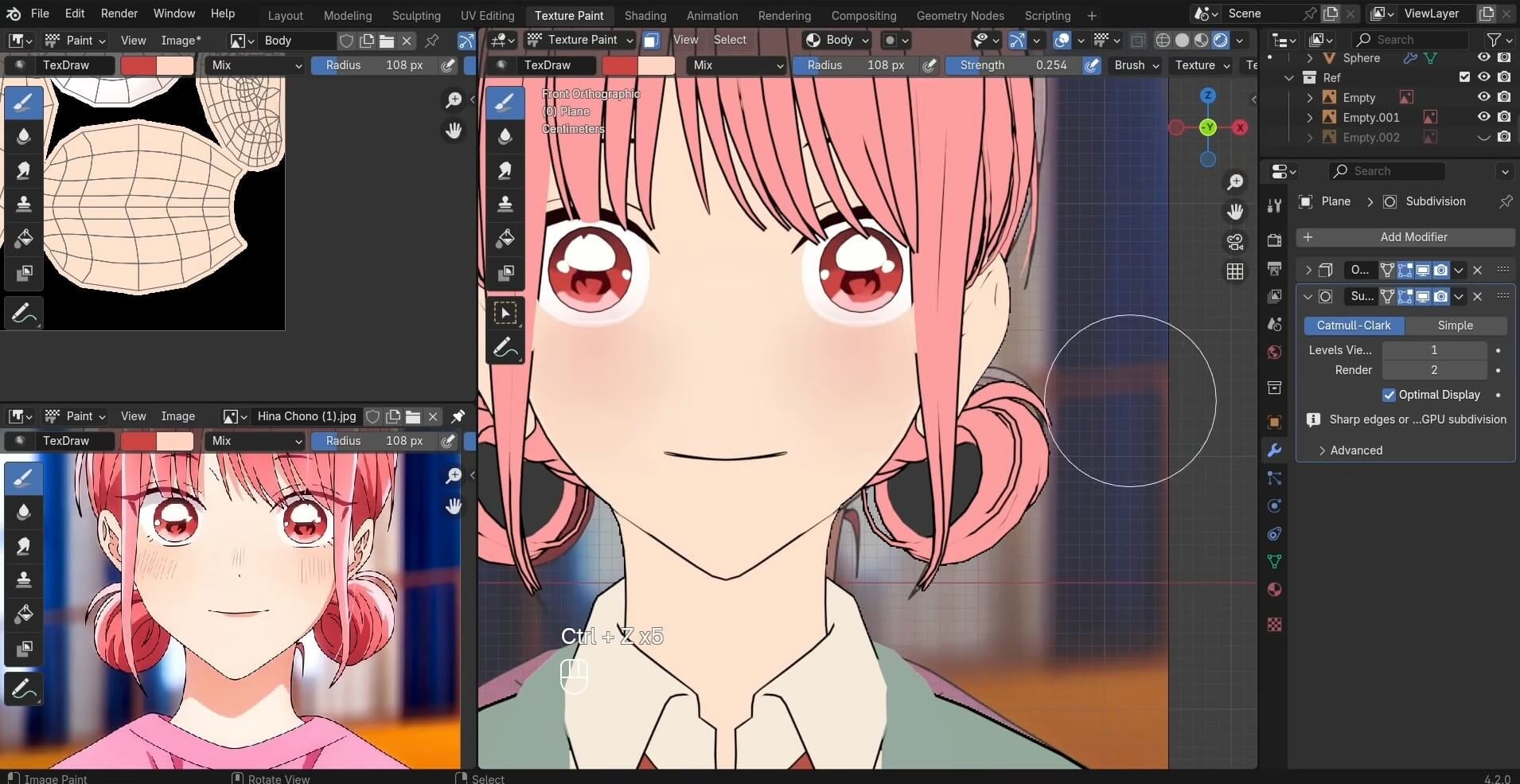 Blender Texture Paint workspace showing a pink-haired anime character with UV texture maps and a reference image for facial texture editing.
