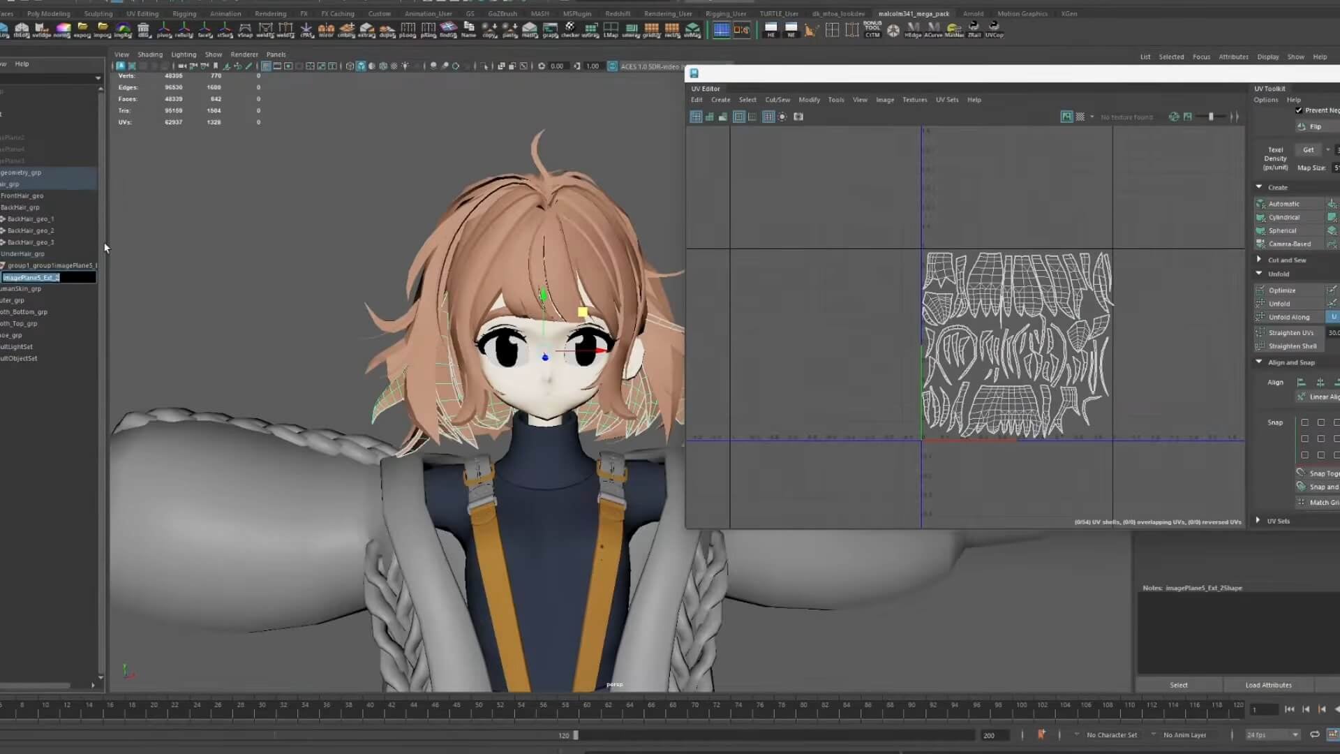 Autodesk Maya interface displaying a stylized anime character model alongside its UV layout in the UV Editor.