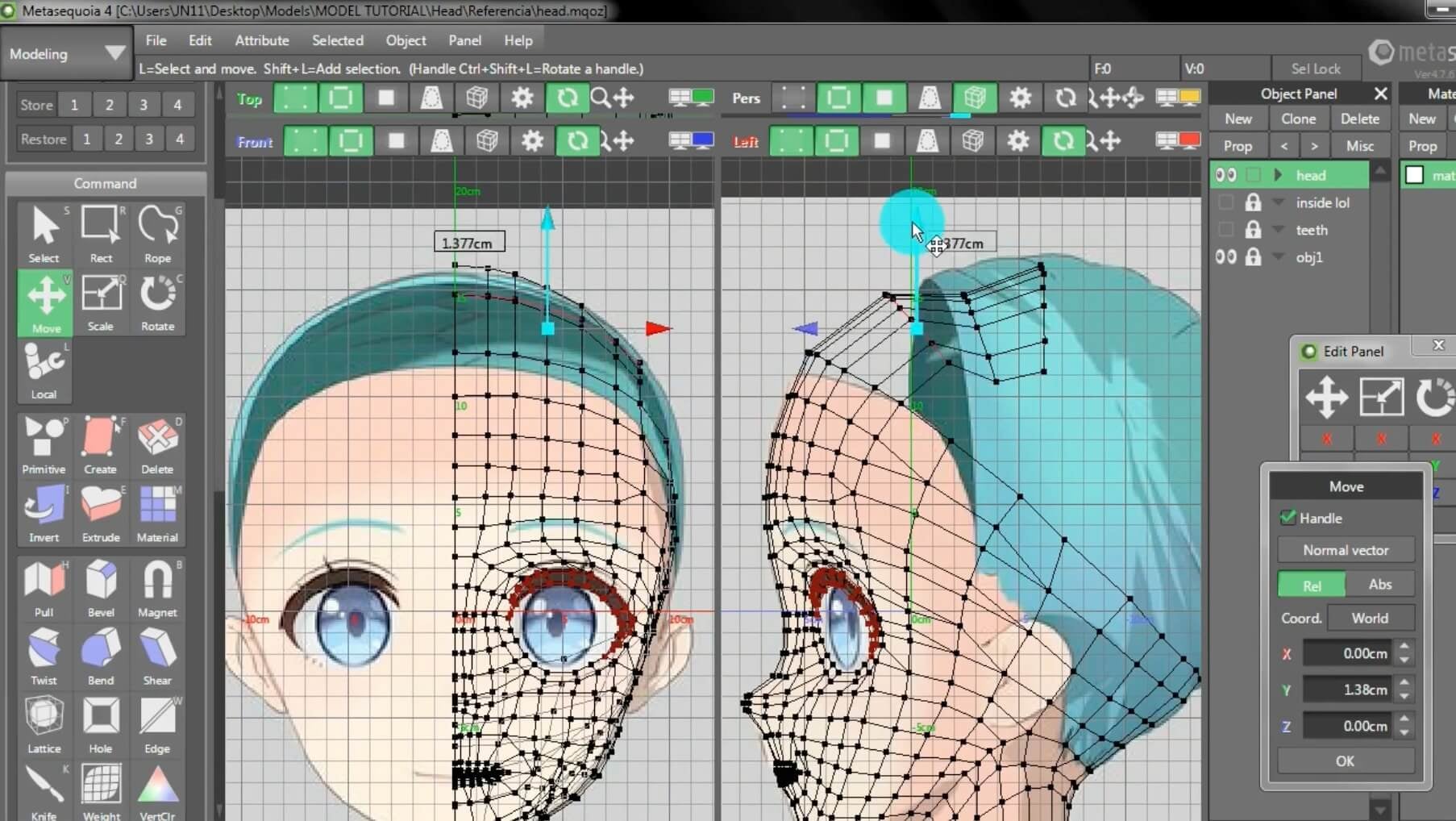 Metasequoia 4 modeling interface showing front and side views of an anime character's head with visible polygon topology and editable vertices.