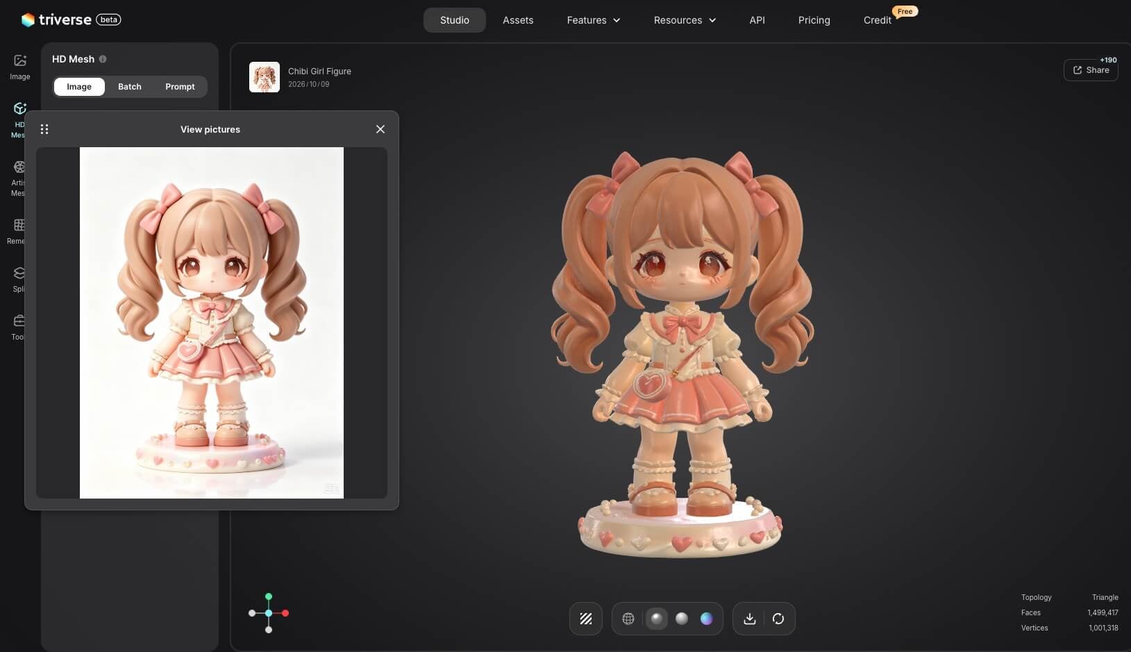 Triverse AI Studio showing a chibi anime girl illustration alongside its generated 3D figurine model using the HD Mesh feature.
