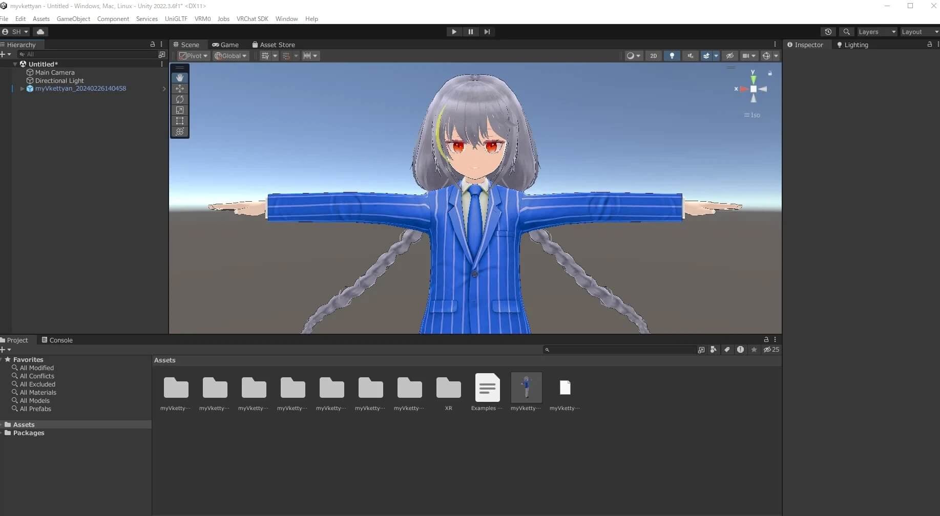 Unity editor displaying a stylized anime avatar in a T-pose, with the scene hierarchy and imported avatar assets visible.