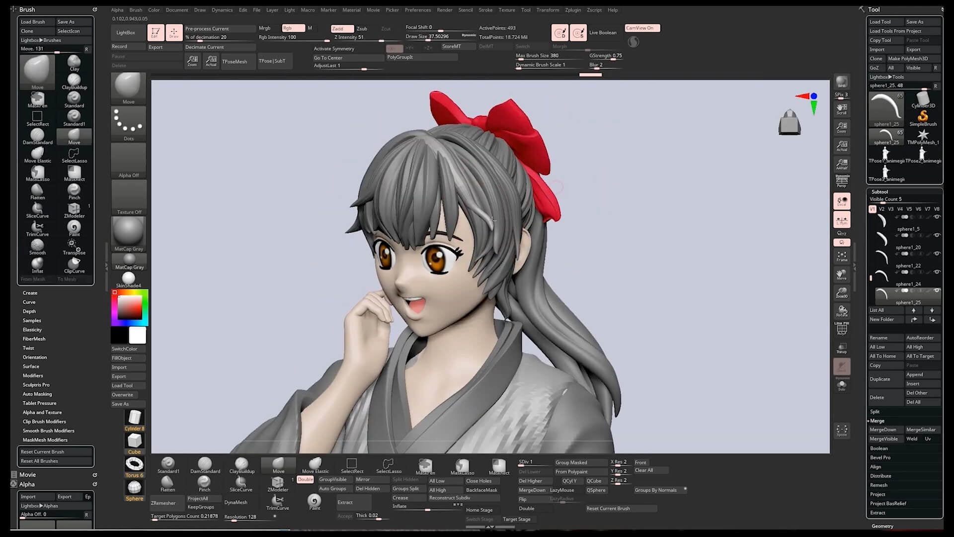 ZBrush sculpting interface displaying a stylized anime character bust with detailed hair, facial features, and sculpting tools.