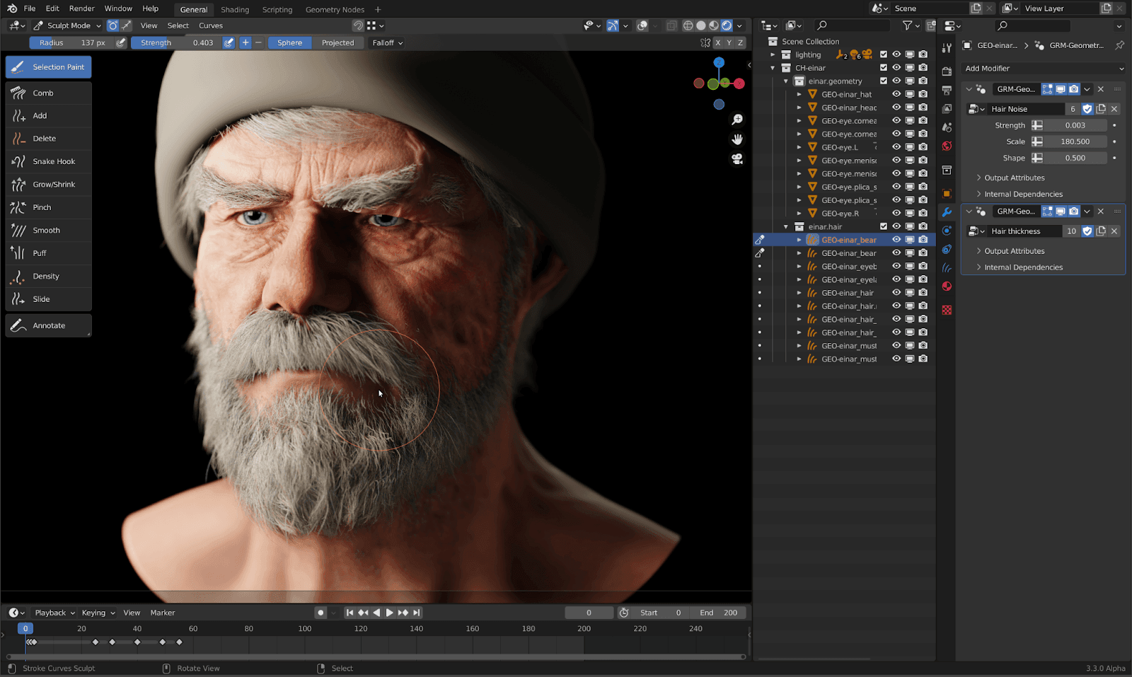 Blender interface showing a realistic bearded character being edited with sculpting and hair tools.