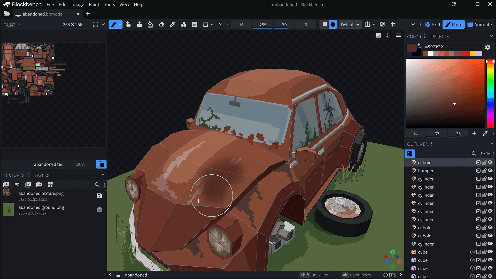 Blockbench interface showing a low-poly car model with pixel textures, UV mapping, and editable mesh elements.