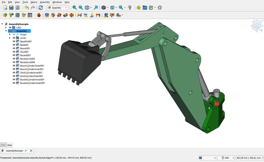 FreeCAD interface showing a mechanical excavator arm assembly with multiple linked parts and joints.