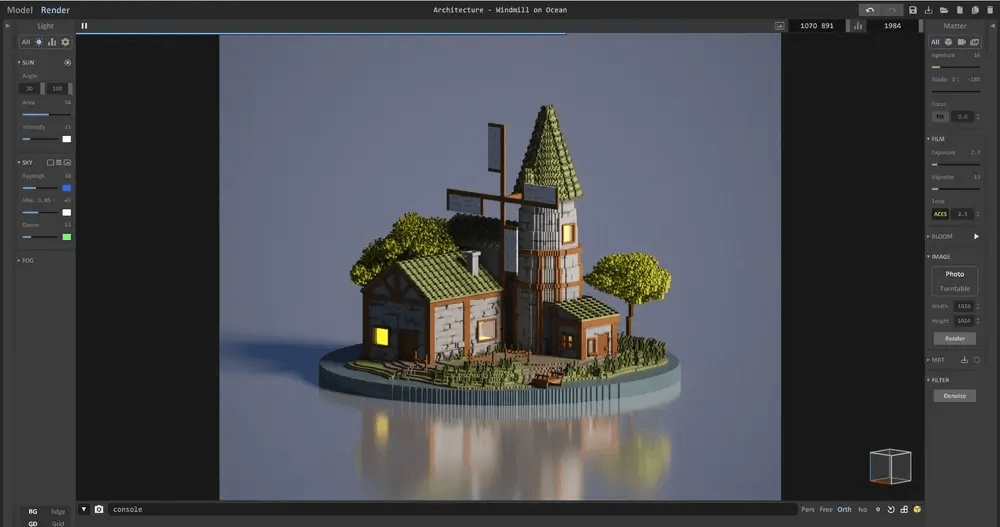MagicaVoxel render workspace showing a detailed voxel-style windmill house scene with trees, lighting, and reflections.