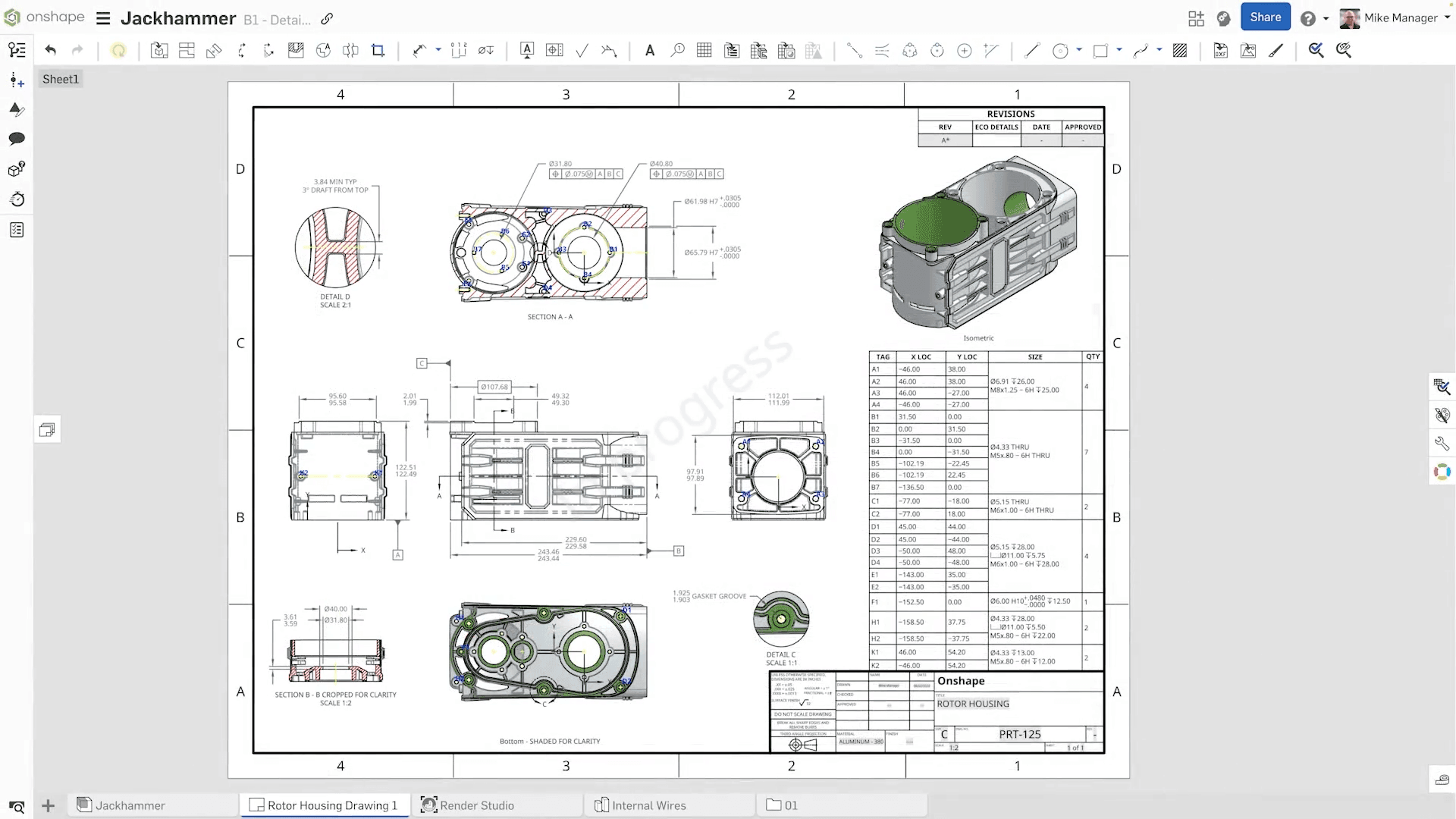 Onshape drawing workspace showing a detailed engineering drawing with dimensions, section views, and a 3D model of a rotor housing.