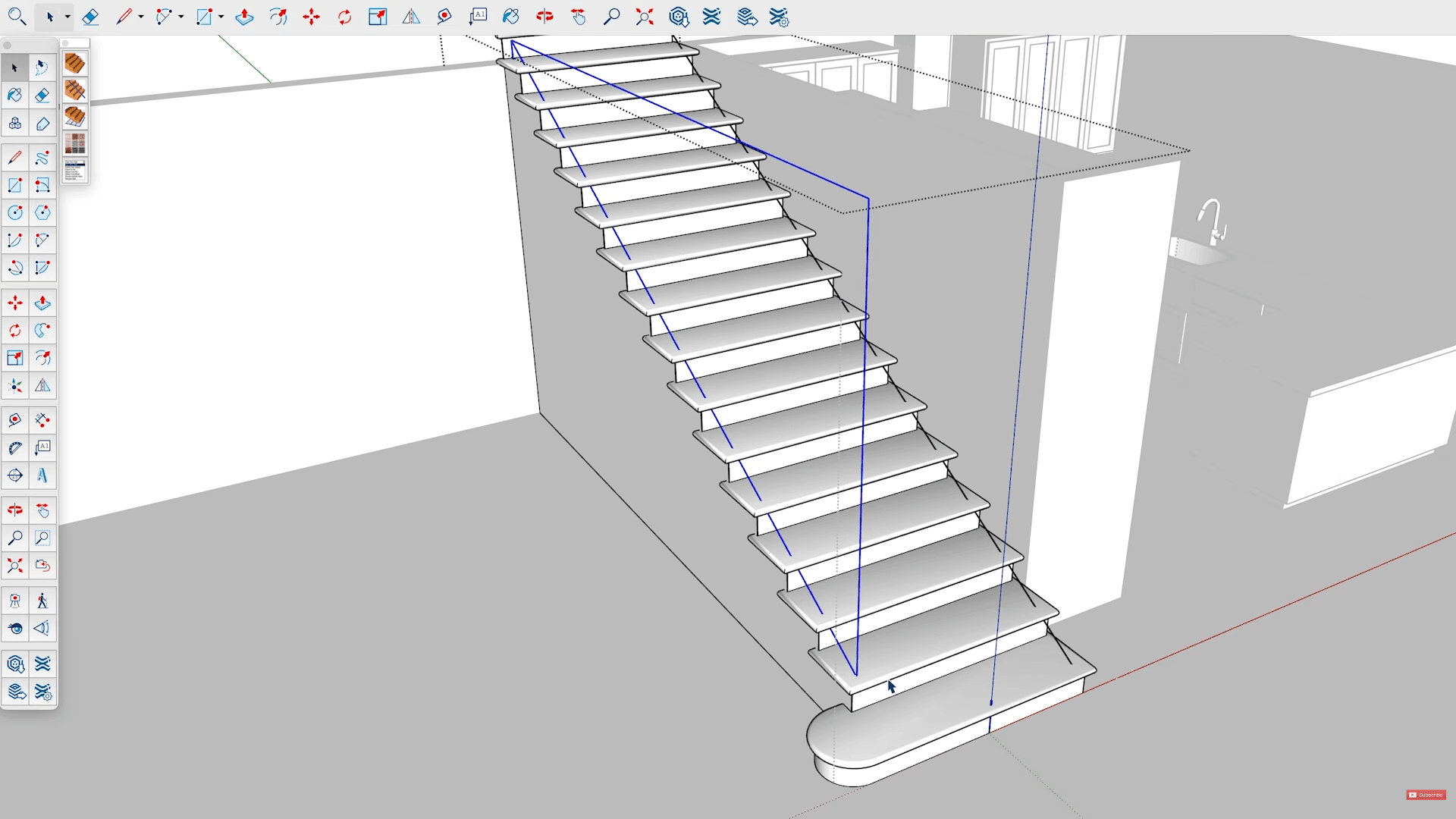 SketchUp Free interface showing a staircase model being edited inside a residential interior.