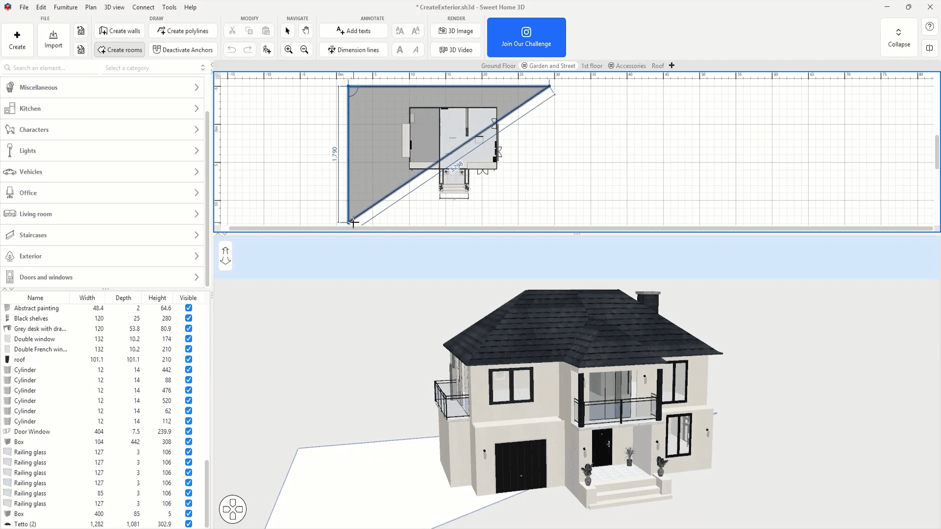 Sweet Home 3D interface showing a house floor plan and a synchronized 3D exterior view of a two-story home.