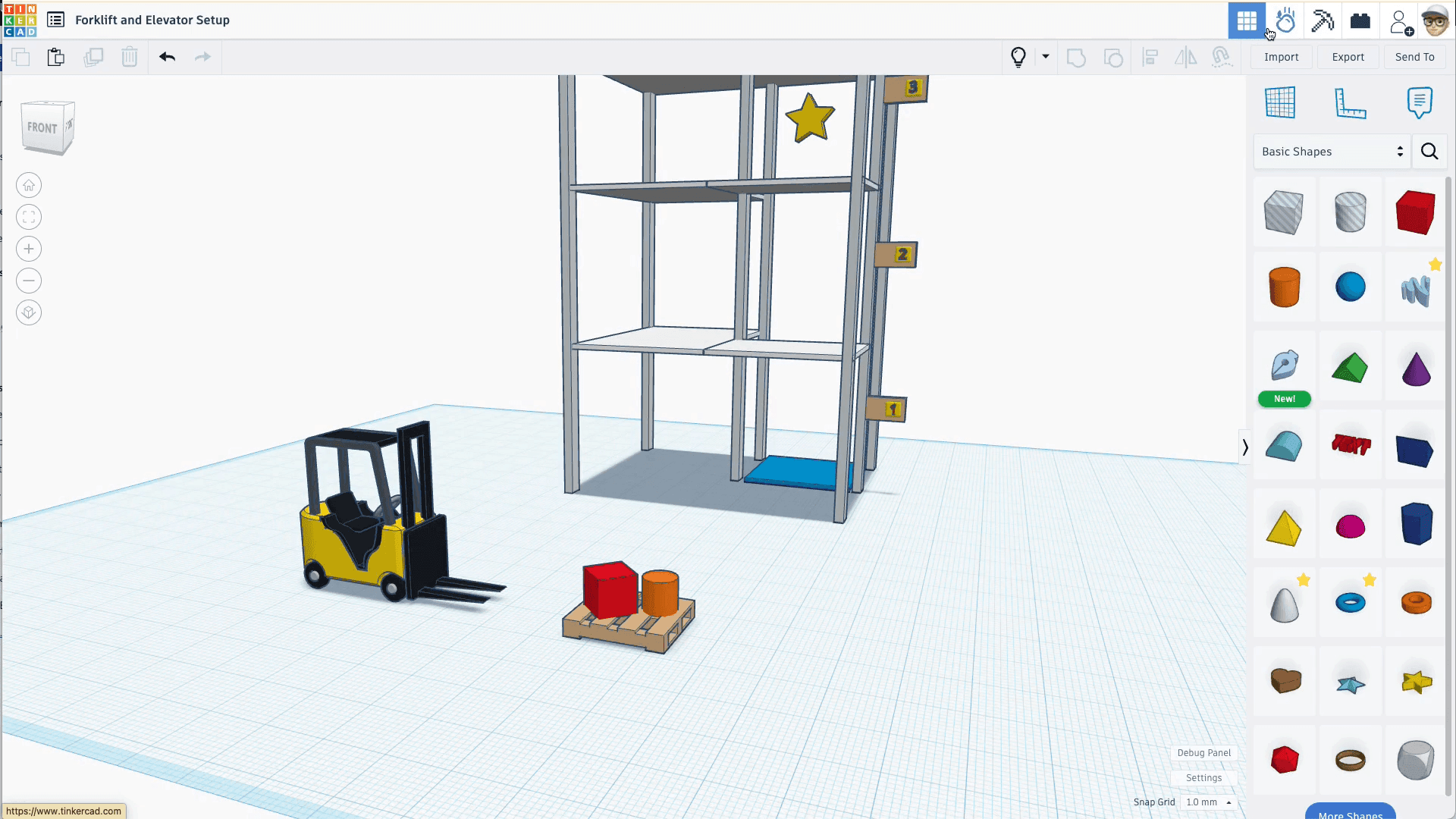Tinkercad workspace showing a forklift, pallet, and multi-level elevator structure built from simple 3D shapes.