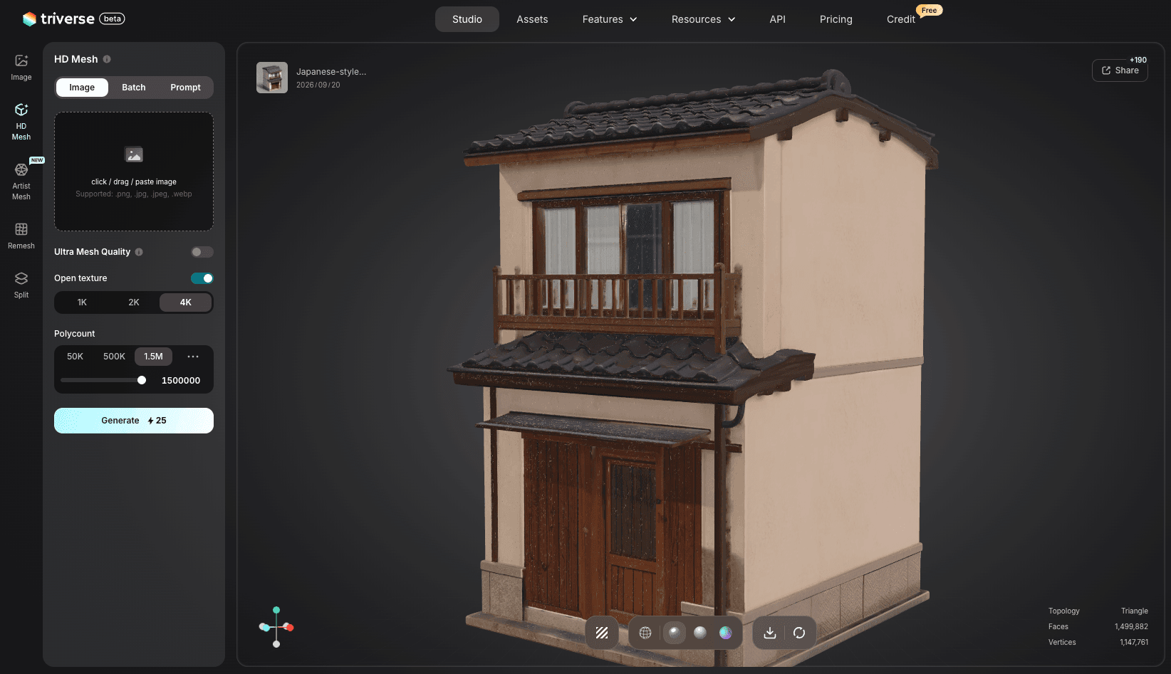 Triverse AI HD Mesh interface showing a detailed 3D model of a Japanese-style house generated from a reference image.