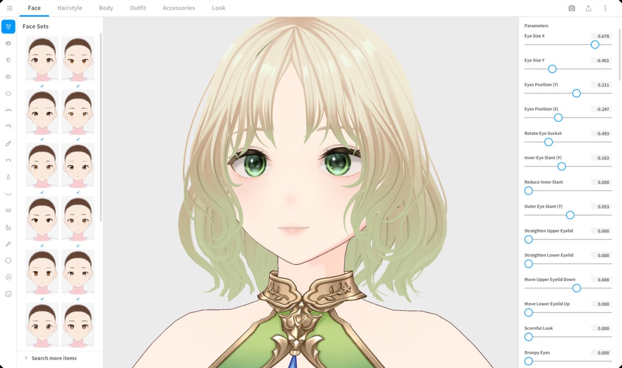 VRoid Studio interface showing an anime-style character with face presets and detailed eye customization controls.