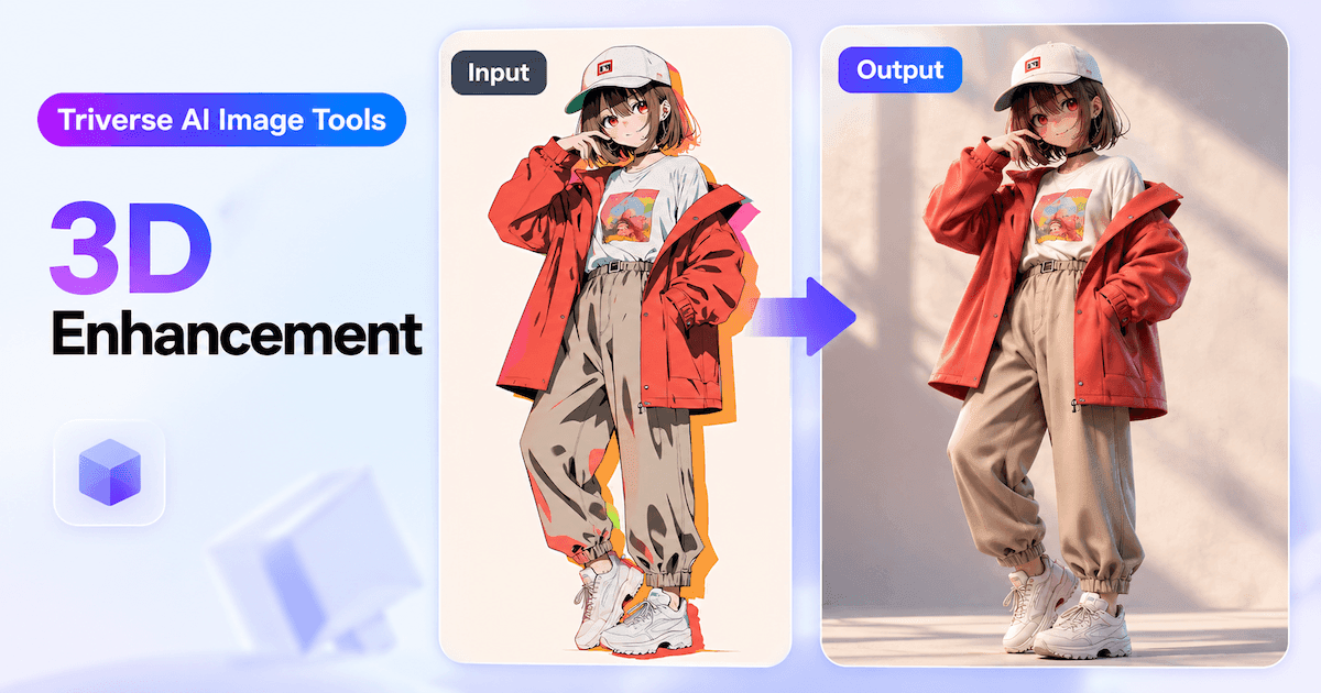 3D enhancement comparison: an illustrated character in a red jacket becomes a more dimensional version with the same outfit and pose.