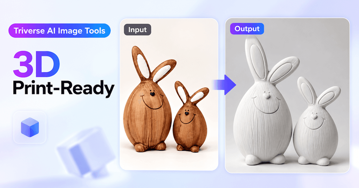 3D print-ready comparison: two brown rabbit ornaments become white models that retain their smiles and surface texture.