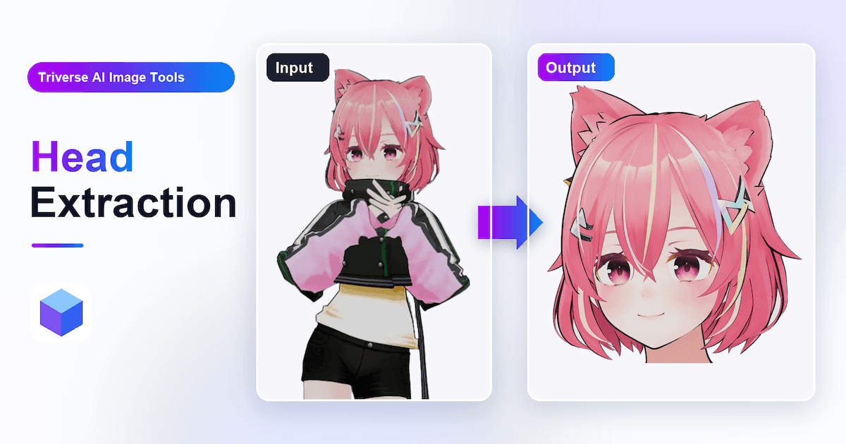 Head Extraction example: a pink-haired, cat-eared anime character is transformed from a partial-body image into a close-up of her head, preserving her purple eyes and hair accessories.