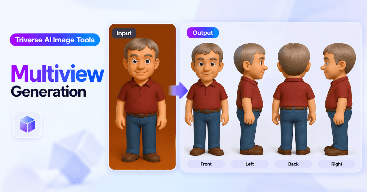 Multiview generation from one cartoon character image, showing matching front, left, back, and right views.