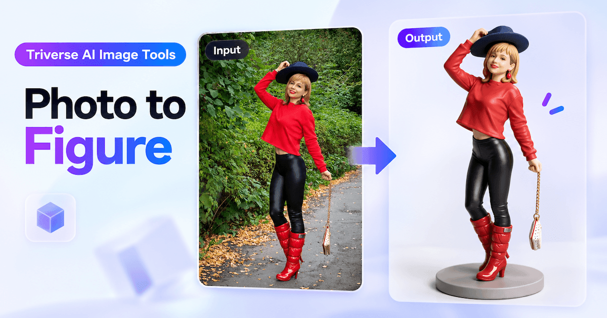 Photo-to-figure comparison: a woman in a red top and black hat becomes a 3D figurine in the same outfit and pose.