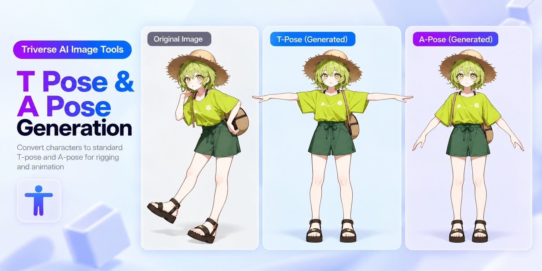 Triverse AI T Pose & A Pose tool converting an anime character image into standard T-pose and A-pose references for 3D modeling, rigging, and animation.