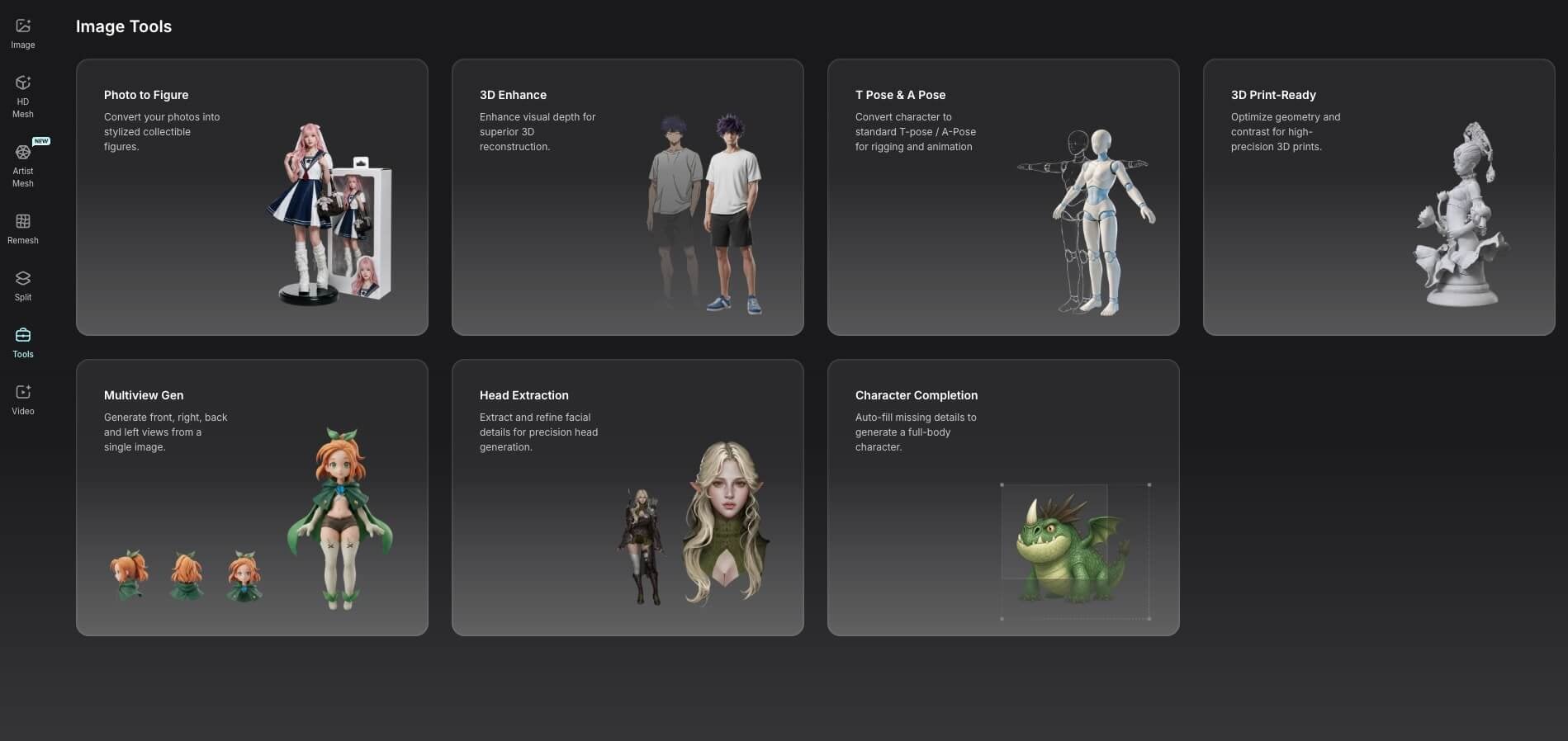 Triverse AI Image Tools dashboard showing seven features: Photo to Figure, 3D Enhance, T Pose & A Pose, 3D Print-Ready, Multiview, Head Extraction, and Character Completion.