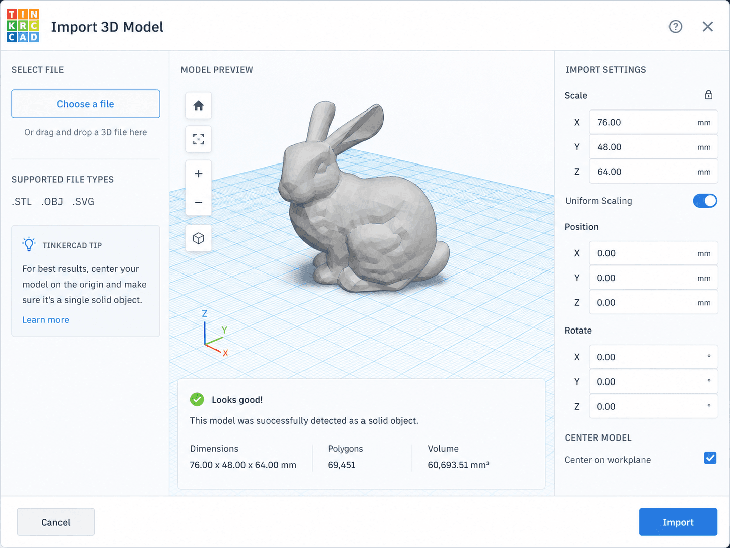 Tinkercad import dialog interface