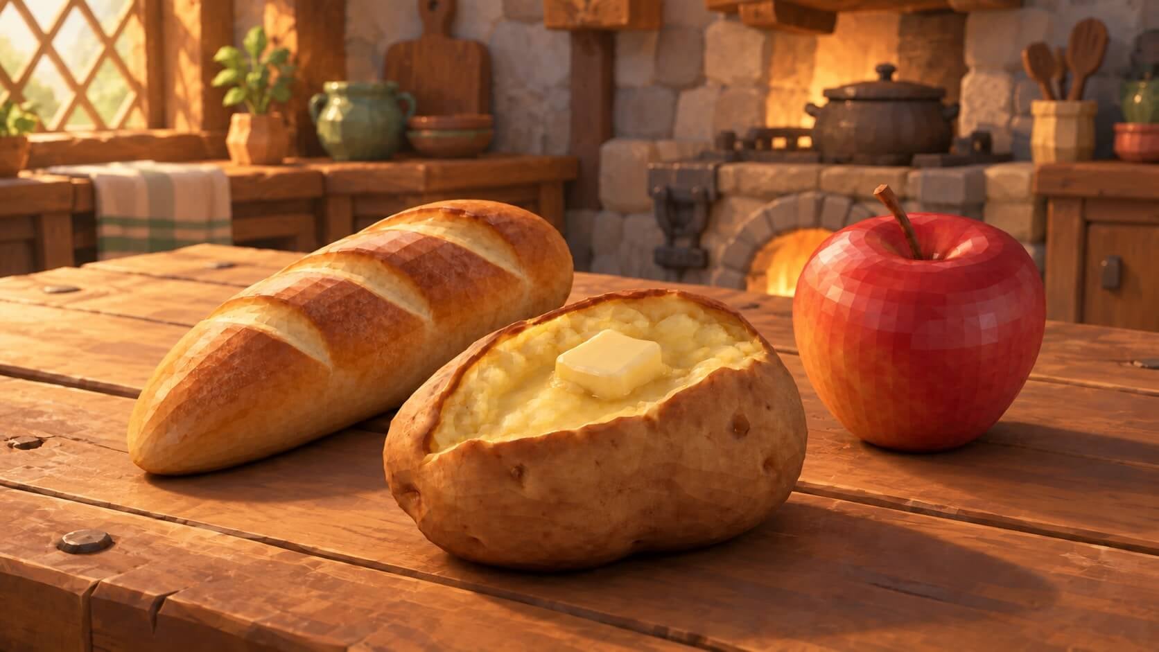Stylized baked potato, baguette, and apple game props on a wooden counter in a rustic kitchen