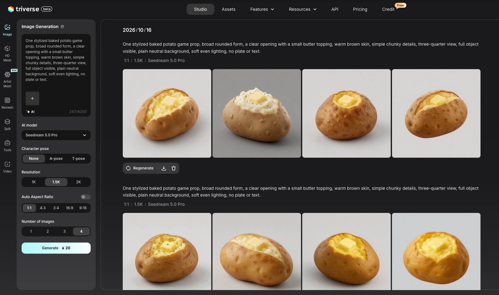 Baked potato reference variations generated from a text prompt in Triverse AI