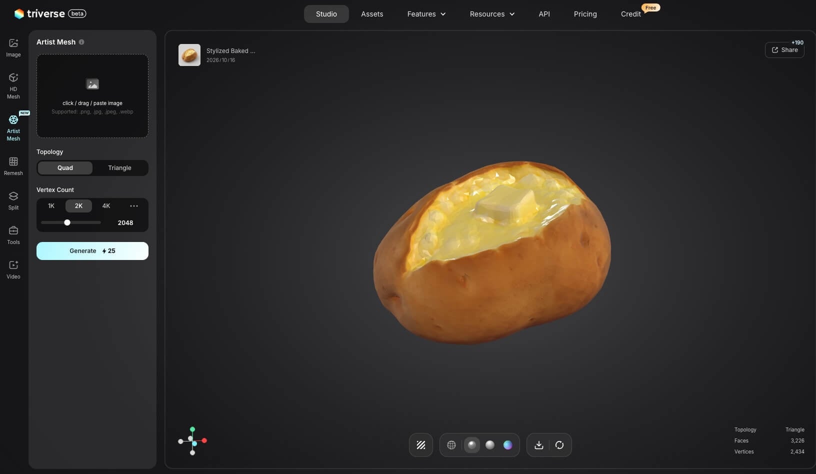 Textured baked potato model with brown skin, yellow flesh, and butter in Triverse Studio