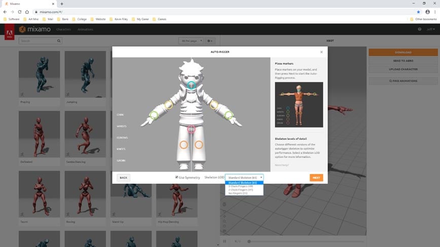 auto-rigging in Mixamo