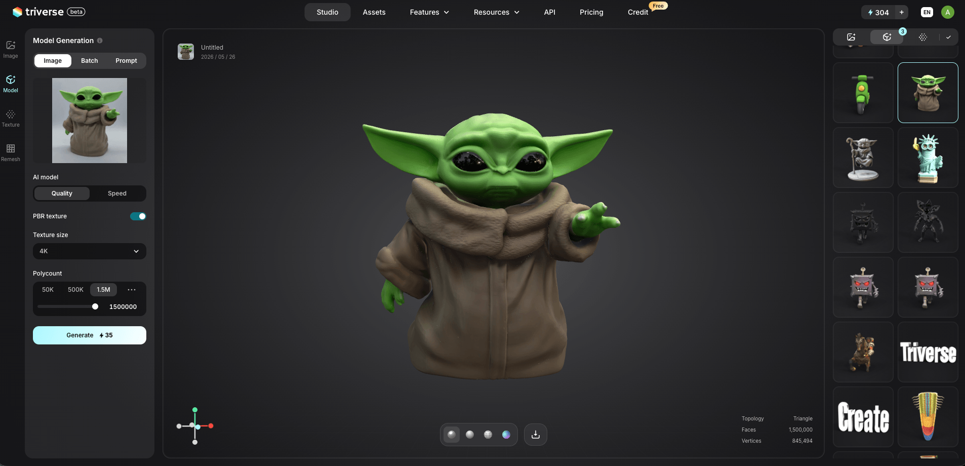 baby yoda 3D model tabletop generated by Triverse AI