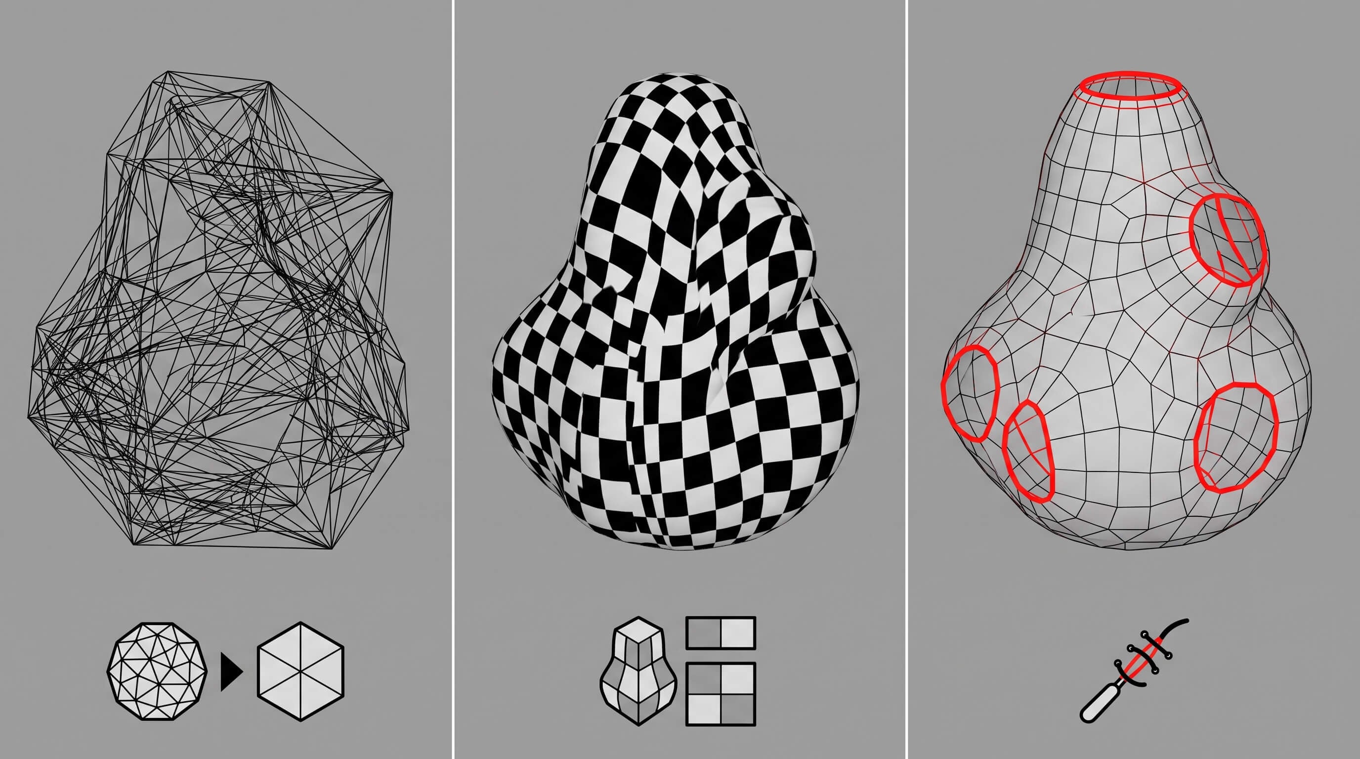 A three-panel comparison between dense mesh textures and manifold