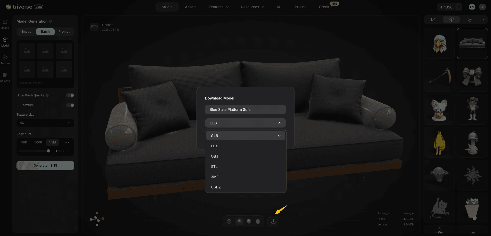 download 3D sofa model in Triverse AI
