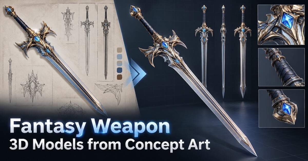 Fantasy sword concept art transformed into a detailed 3D weapon model, showing multiple views and close-ups of the blade, guard, and grip.