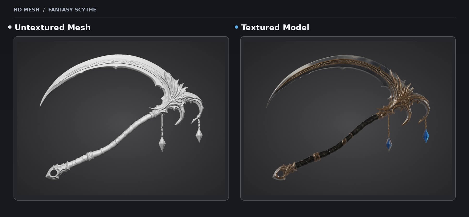 Untextured and textured versions of an ornate fantasy scythe generated with Triverse HD Mesh