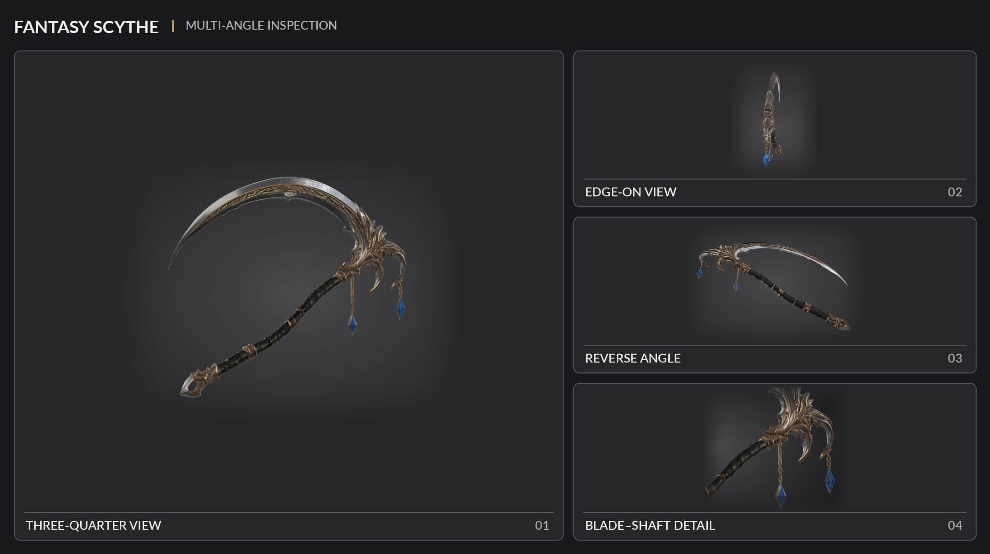 Multiple views of an AI-generated fantasy scythe showing its curved blade, edge thickness, handle, and ornate metal details