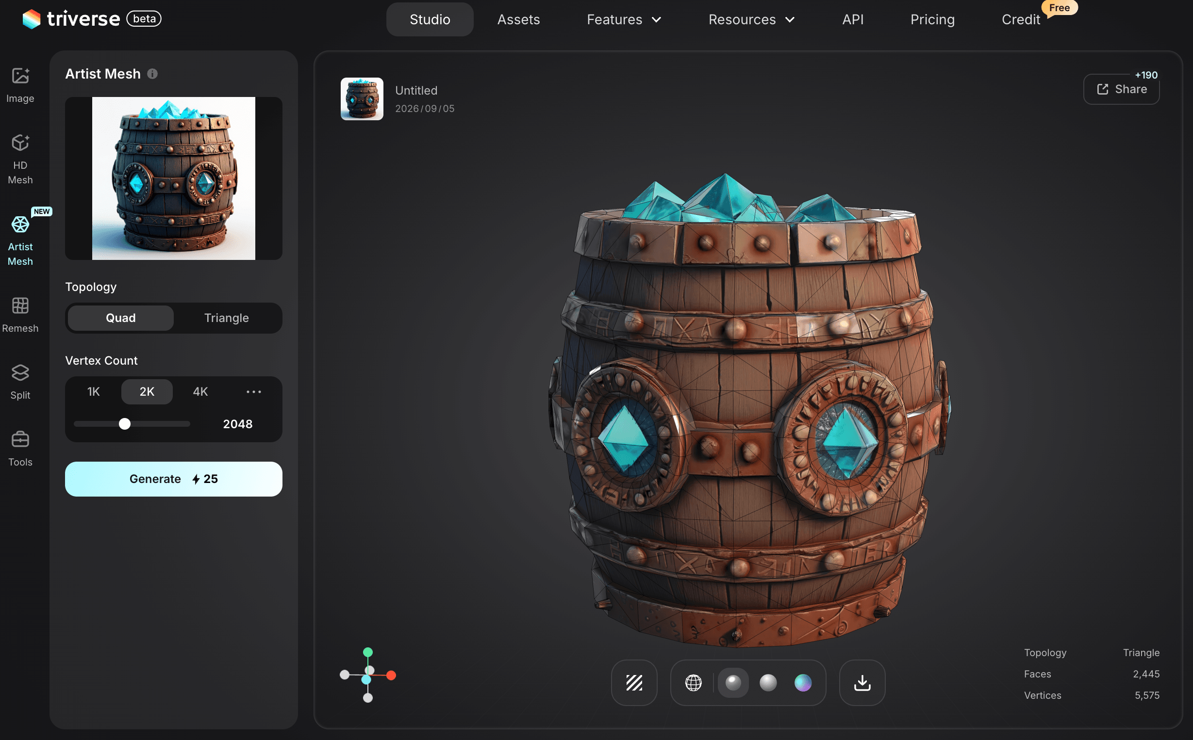 game asset wooden barrel low-poly 3D model generated by Triverse AI