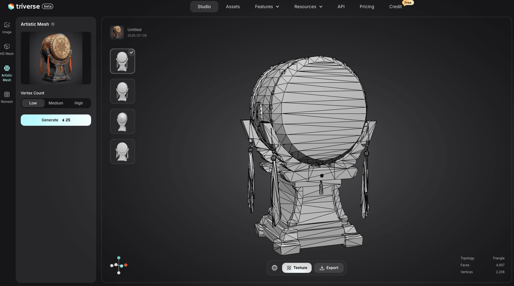 generate low-poly 3D model with Triverse AI's Artistic Mesh