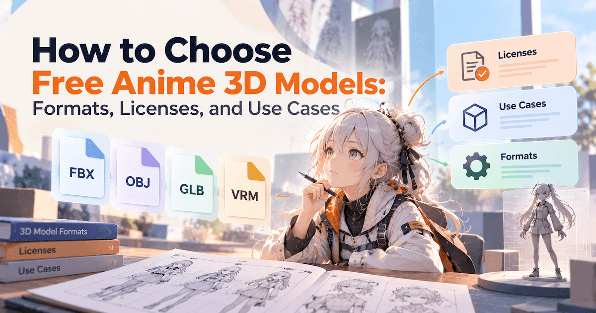 Illustration showing how to choose free anime 3D models by format, license, and use case