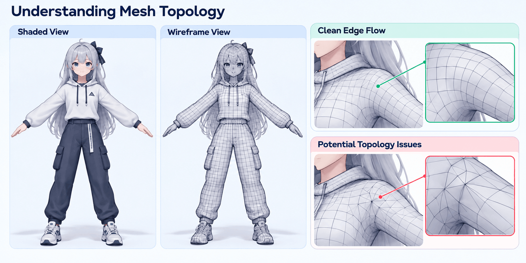 Anime 3D character shown in shaded and wireframe views, with close-ups comparing clean edge flow and potential topology issues around the shoulder.